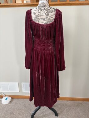 Hill House Velvet Long-Sleeve Smocked Midi Dress in Burgundy